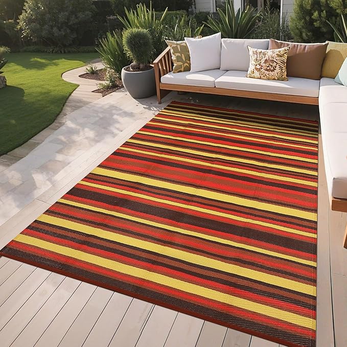 Waterproof Plastic Straw Outdoor Rug 9x18 Patio Reversible UV Resistant Foldable Camping Carpet Colorful Line Large Outdoor Rugs for Deck, Picnic, Porch, Camper, Balcony, Beach，Orange/Red