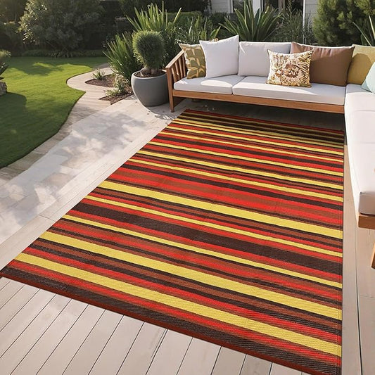 Waterproof Plastic Straw Outdoor Rug 9x18 Patio Reversible UV Resistant Foldable Camping Carpet Colorful Line Large Outdoor Rugs for Deck, Picnic, Porch, Camper, Balcony, Beach，Orange/Red