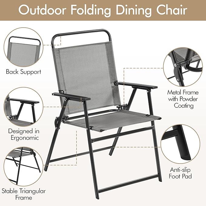 Yaheetech Outdoor Patio Chairs Set of 2, Folding Patio Chairs with Metal Frame, Armrests, Portable Dining Chairs for Camping, Lawn, Garden and Porch, Gray