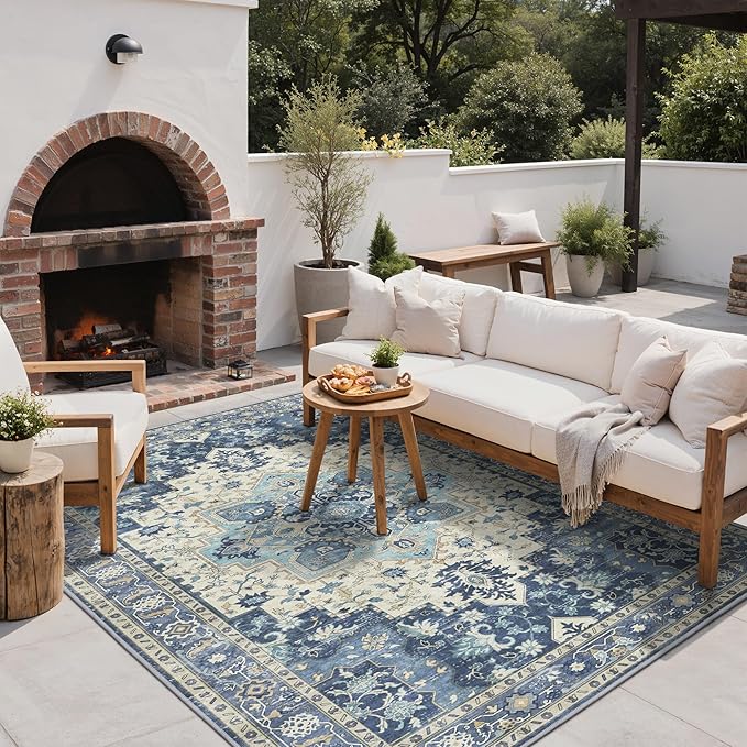 GENIMO Outdoor & Indoor Area Rug 4'x6', Waterproof, Non-Shedding, Easy Cleaning, Boho Mat for Patio, Living Room, Balcony, Dining Room, RV, Deck, Bedroom, Camping, Outside Carpet,Center Blue