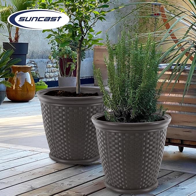 Suncast 2 Pack Sonora 22 Inch Plastic Wicker Indoor or Outdoor Decorative Garden Flower Planter for Entryways, Porch, and Backyard Patios, Dark Brown