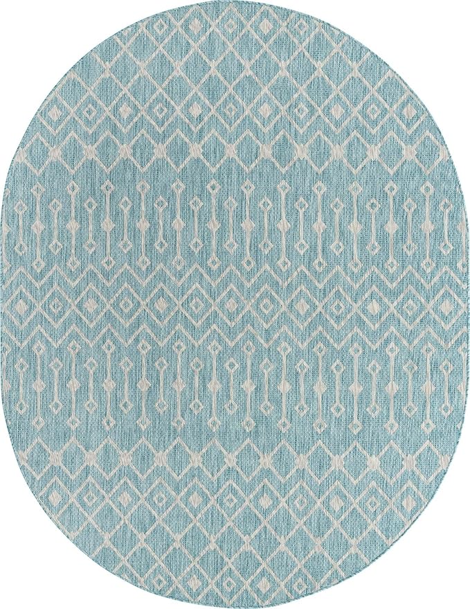 Unique Loom Outdoor Trellis Collection Area Rug - Tribal Trellis (7' 10" x 10' Oval, Aqua/ Ivory)