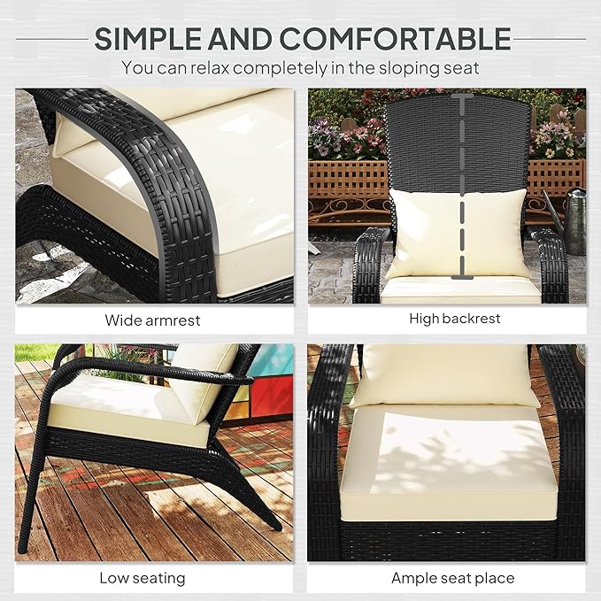 Outsunny Patio Wicker Adirondack Chair, Outdoor All-Weather Rattan Fire Pit Chair with Soft Cushions, Tall Curved Backrest and Comfortable Armrests for Deck or Garden, Deep Brown/Cream White