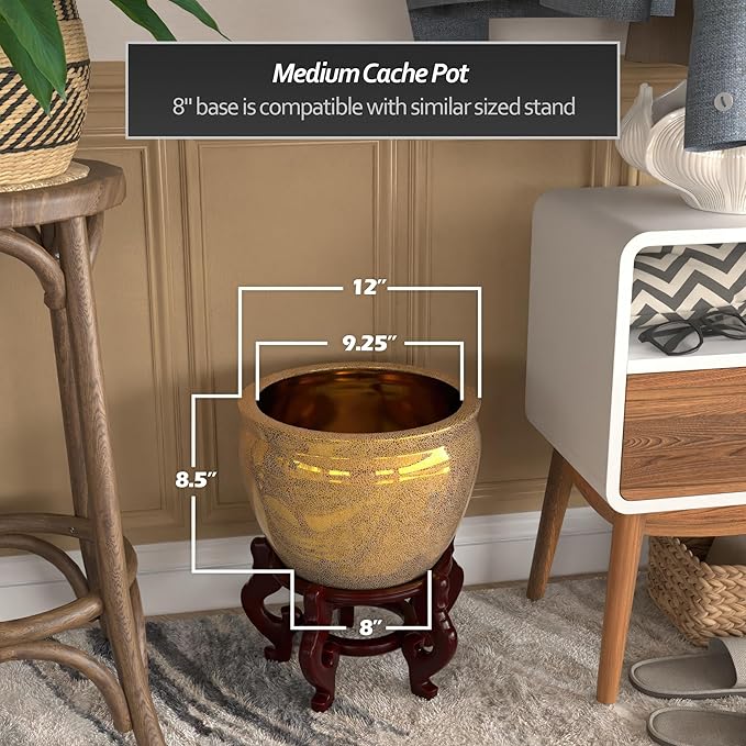 Red Lantern 12" Gold Crackle Fishbowl Planter or Cachepot for Indoor/Outdoor Use in Garden Entryway Living Room Boho Eclectic Modern Contemporary Classic Traditional Style Decor