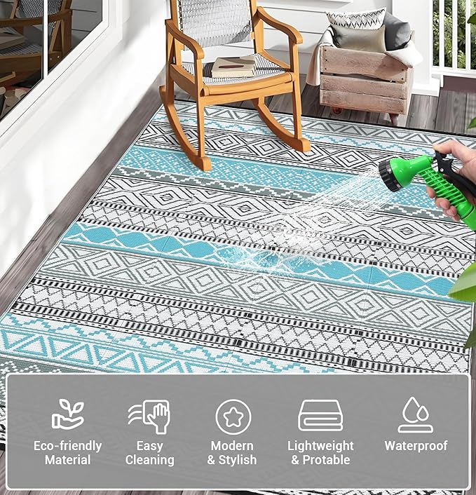 GarveeLife Outdoor Patio Rug 9x18 Waterproof Plastic Straw Rug, Reversible UV Resistant Foldable Camping Carpet Portable Outdoor Rug for Rv, Backyard, Blue & Grey