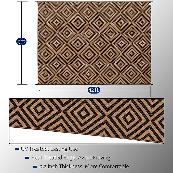 Reversible Mats, Outdoor Patio Rugs, Plastic Straw Rug, Modern Area Rug, Floor Mat for Outdoors, RV, Patio, Backyard, Deck, Picnic, Beach, Trailer, Camping (Diamond Black & Brown, 9' x 12')