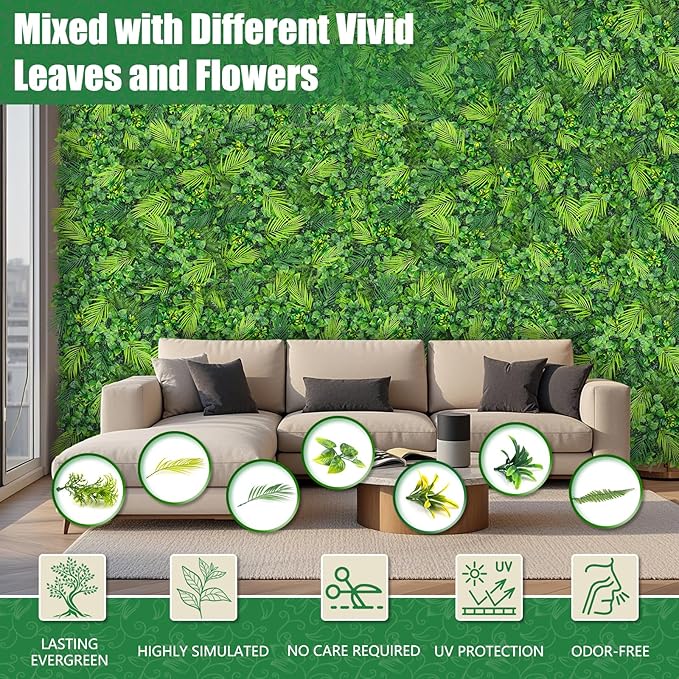 Artificial Plant Wall Panels, 20"x20" 6PCS Faux Grass Backdrop with UV Resistant Fern Leaves, Green Wall Decor for Outdoor Indoor Patio Garden Backyard