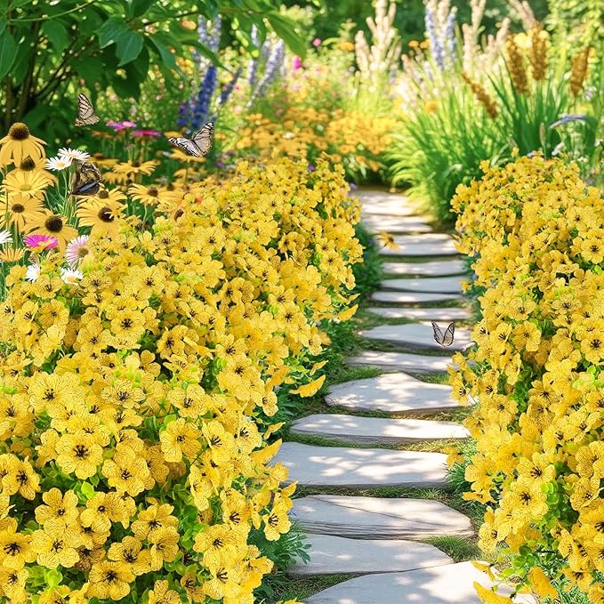 Artificial Flowers Outdoor Faux Plants UV Resistant Fake Patio Flowers Plastic Greenery Plnats Outside Bulk for Spring Garden Hanging Planter Home Vase Decor, 24 Bundles (Yellow)