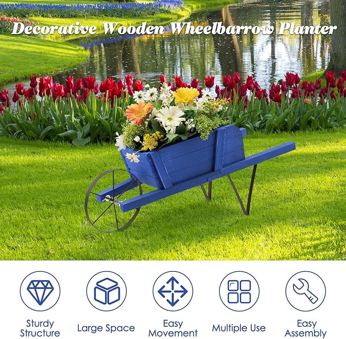 S AFSTAR Wood Wheelbarrow Planter, Small Flower Plant Pot Wheelbarrow Cart with Metal Wheel & 9 Replaceable Magnet Accessories, Wooden Wagon Planter Wheelbarrow for Outdoor Garden Backyard (Blue)