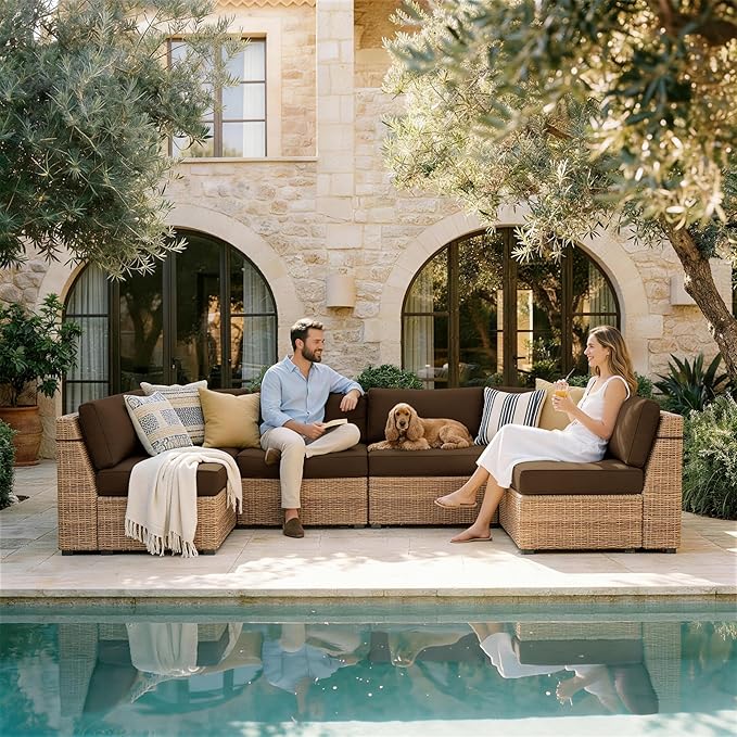 Outdoor Replacement Cushions for Patio Furniture, 5" Foam High-Density, 14-Piece Water-Resistant Outdoor Cushion for 6-Seat Sectional Patio Conversation Sets, Liner&Cover