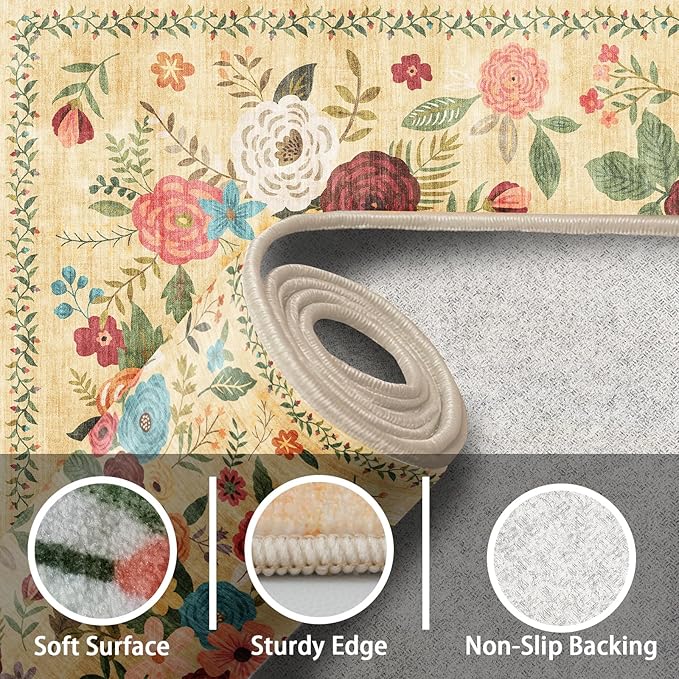 Area Rugs 9x12 Living Room Washable Rug Non Slip Floral Low Pile Large Rug for Living Room, Bedroom, Farmhouse, Dining Room, Kids Playroom(9 x 12, Yellow Lawn)