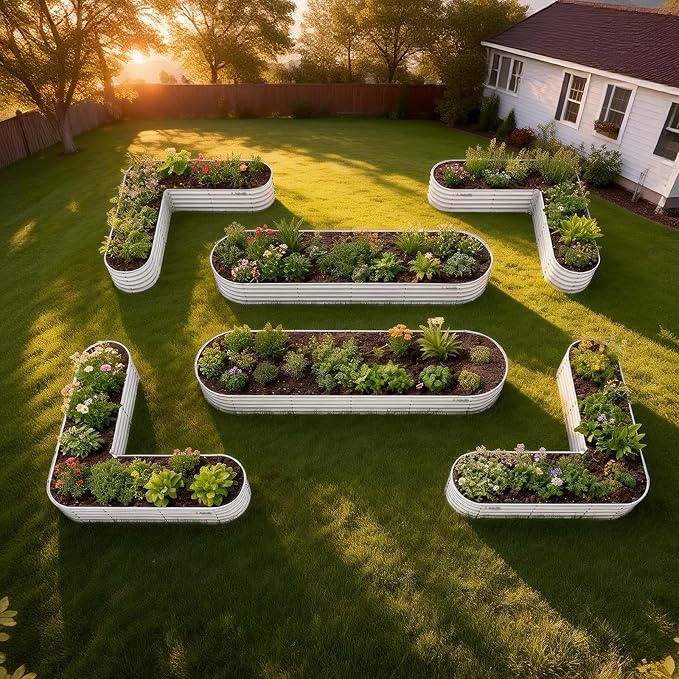 A ANLEOLIFE 6-Piece 18 Inch Tall Antique White Raised Garden Beds Kit, Heart-Shaped & Long Oval Planters for Custom Decorative Gardens.