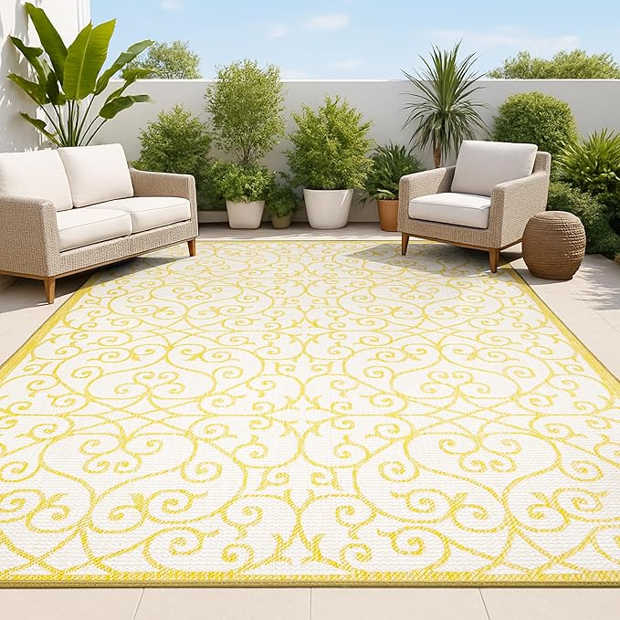 JONATHAN Y Vintage Filigree Indoor Outdoor Area Rug 5X8 Cream/Yellow, Madrid Textured Weave for Backyard, Patio, Porch, Easy-Cleaning, High Traffic, Pet-Friendly, Non-Shedding (SMB107D-5)
