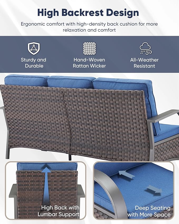HUMMUH Outdoor Patio Furniture Sets-Wicker Patio Furniture Couch and Swivel Rocker Chairs Conversation Set for Deck Porch Garden Poolside Backyard-Brown/Blue