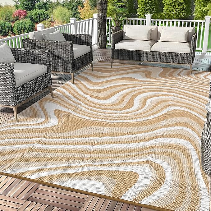 Waterproof Plastic Straw Outdoor Rug 9x18 Patio Reversible UV Resistant Foldable Camping Carpet Modern Abstarct Large Outdoor Rugs for Deck, Porch, Camper, Balcony, Beach，Brown/Coffee/White