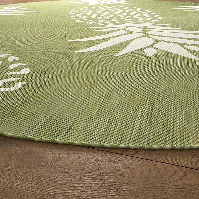 LR Home 8ft Round Indoor/Outdoor Area Rug for Home Decor | Coastal Pineapples Large Size Carpet for Living Room, Bedroom, Playroom, Patio, Garden | Tropical Farmhouse Rug | Dark Green/Beige
