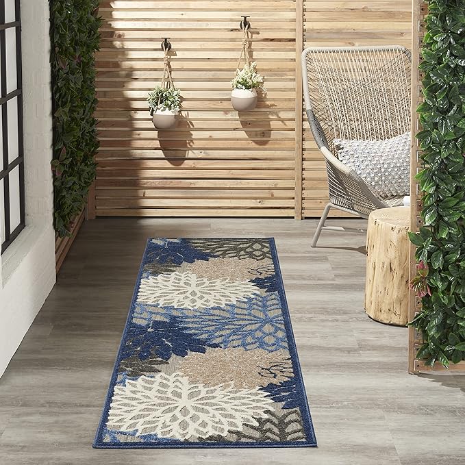 Nourison Home Aloha Indoor/Outdoor Blue/Multicolor 2'3" x 10' Area Rug, Tropical, Botanical, Easy Cleaning, Non Shedding, Bed Room, Living Room, Dining Room, Deck, Backyard, Patio (2x10)