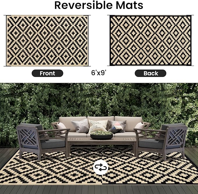 Smiry Waterproof Outdoor Rug 6x9 ft, Reversible Plastic Straw Patio Camping Rugs, Outdoor Indoor RV Mat Carpet for Patio, Outside Entry, Backyard, Deck, Bench, Picnic, Camper, Black & Beige