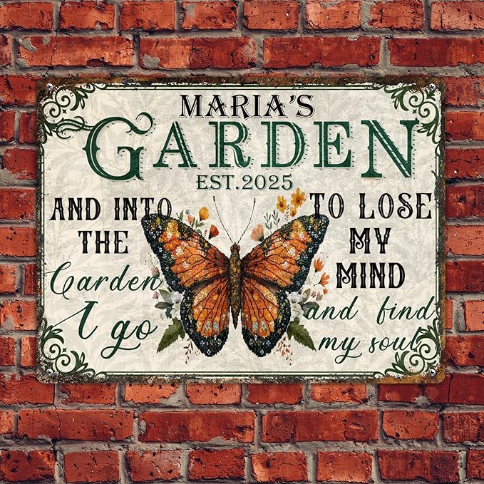 Custom Garden Signs Personalized Metal Tin Sign for Women, Retro Funny Butterfly Metal Sign for Outdoor, Patio, Yard Rustic Home Decor Gift for Mothers Day, Grandmas, and Gardening Lovers
