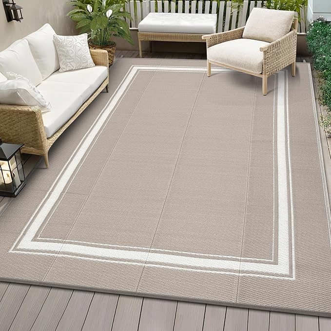COZYLOOM Large Outdoor Rug 9x18 Waterproof Plastic Straw Rug for Patio, Reversible Modern Bordered Camping Mat with Portable Bag & Stakes, Foldable & UV Resistant, Outdoor Carpet for Yard Deck, Taupe