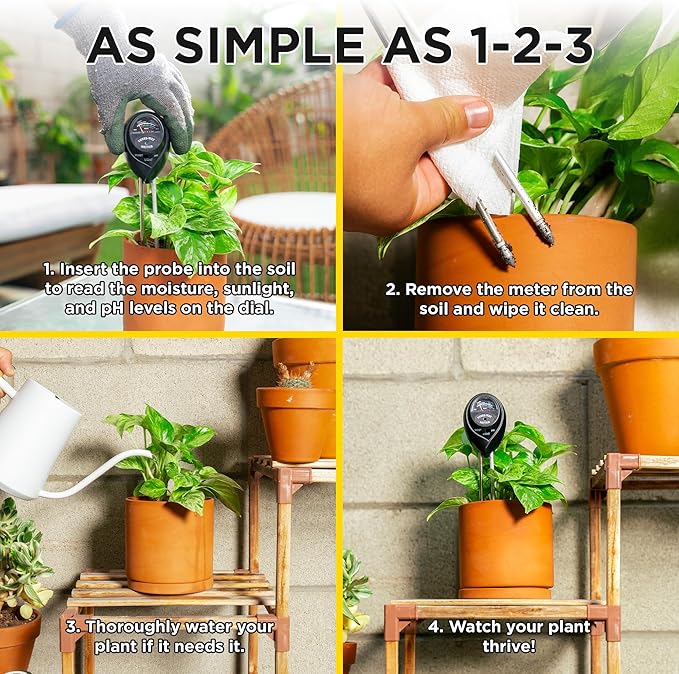 Classy Casita 3-in-1 Soil Moisture, Light, pH Meter - Hygrometer Tester for Indoor and Outdoor Plants - Monitor Levels for Garden, Farm, Lawn, houseplants, Potted Care - No Batteries Required - Black