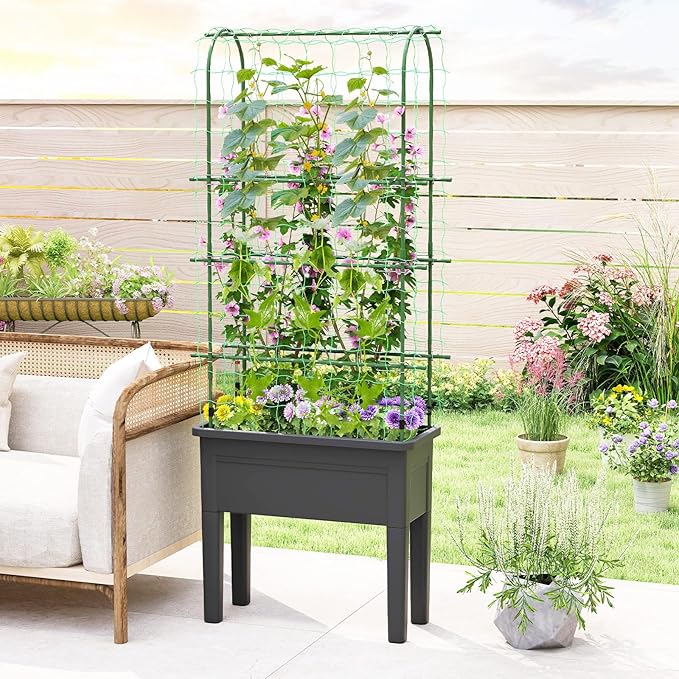 Giantex Raised Garden Bed with Legs & Trellis for Climbing Plants, Self-Watering Planter Box w/Water Level Gauge, for Vine Flower Herb Vegetable (29.5"x13.5"x76")