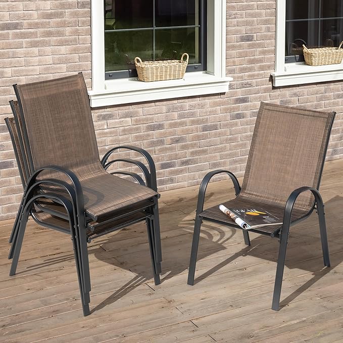 NUU GARDEN Set of 4 Patio Dining Chairs Outdoor Stackable Chairs with High Back All Weather Textilene Seats Metal Frame Breathable Garden Chairs for Deck Backyard Brown