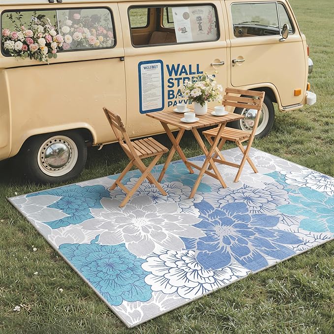 GENIMO Indoor Outdoor Area Rug 4'x6', Machine Washable Rugs for Patio, Waterproof, Non-Slip Easy Cleaning Floral Outdoor Mat Carpet for Living Room, Bedroom, RV, Balcony, Deck, Camping, Light Blue