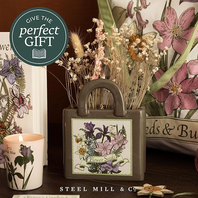 Steel Mill and Co Mini Ceramic Tote Bag Vase, Novelty Wildflower Garden Shop Planter, Unique Desk Pen Holder & Pencil Cup, Small Succulent Pot & Home Decor (Wildflowers)