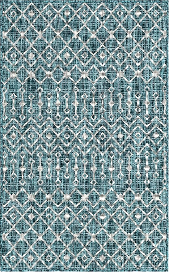 Unique Loom Outdoor Trellis Collection Area Rug - Tribal Trellis (3' 3" x 5' 3" Rectangle, Teal/ Ivory)