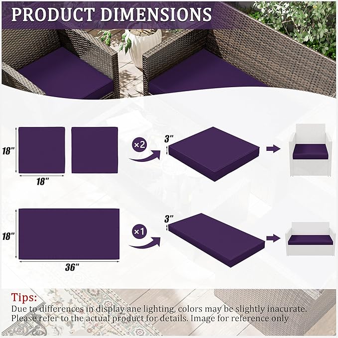 3 Pack Outdoor Replacement Cushions,36L x 18W x 3H,18L x 18W x 3H inch, High-Elastic Replacement Sponge for 4-Seater Water-Resistant Patio/Sofa with Removable Covers (Purple)