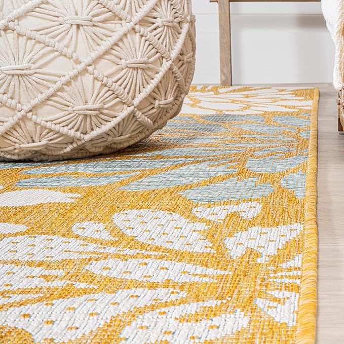 JONATHAN Y Floral Textured Weave Indoor Outdoor Runner Rug 2X10 Yellow/Cream, Zinnia Modern for Backyard, Patio, Porch, Easy-Cleaning, High Traffic, Pet-Friendly, Non-Shedding (SMB110G-210)