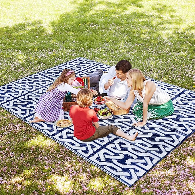 SAND MINE Reversible Mats, Plastic Straw Rug, Modern Area Rug, Large Floor Mat Rug for Outdoors, RV, Patio, Backyard, Deck, Picnic, Beach, Trailer, Camping, Dark Blue & White, 5' x 8'