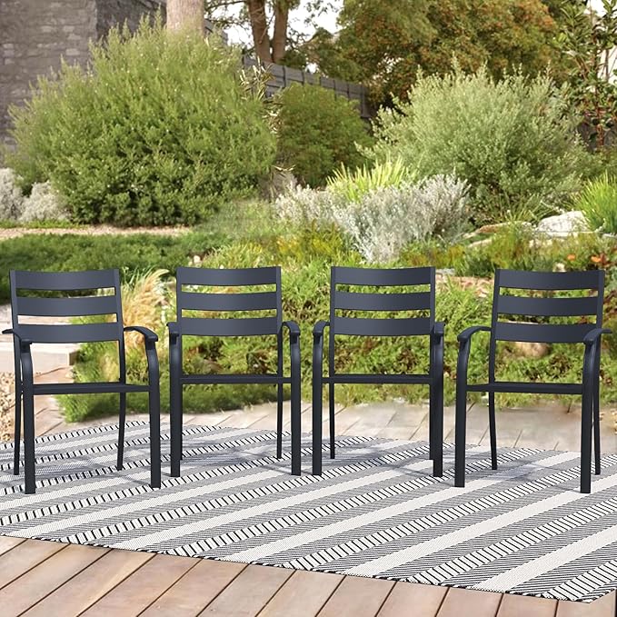 Patio Dining Chairs Set of 4, Black Stackable Outdoor Dining Chairs, Metal Patio Furniture Set for Garden Backyard Lawn Deck Support Over 300 lbs