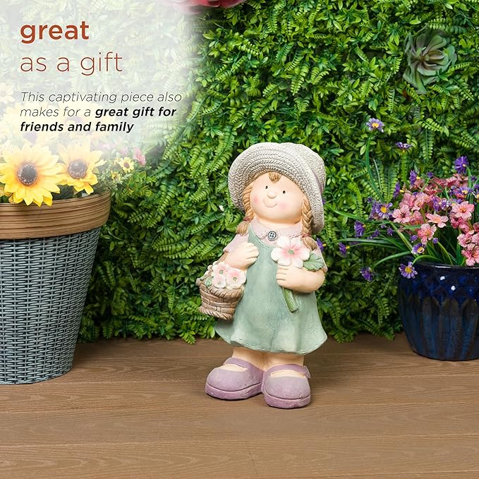 Alpine Corporation QWR1456 Indoor/Outdoor Little Girl with Flower Basket Garden Statue, Playful Child Statue for Yard, 15" H, Green