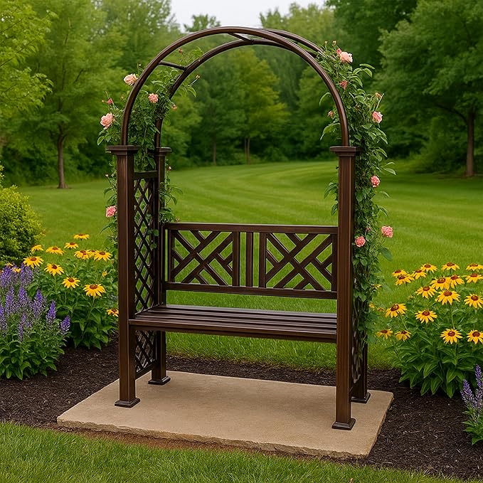 Oakland Living Bronze Aluminum Garden Arbor Arch with 2-Seater Bench
