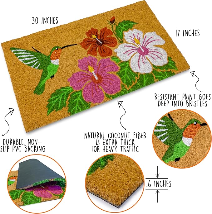 MAINEVENT Hummingbird Door Mat 30x17 Inch, Garden Hummingbird Doormat for Covered Outdoor Area, Bird Welcome Mat, Outdoor Spring Decor, Summer Front Door Mat