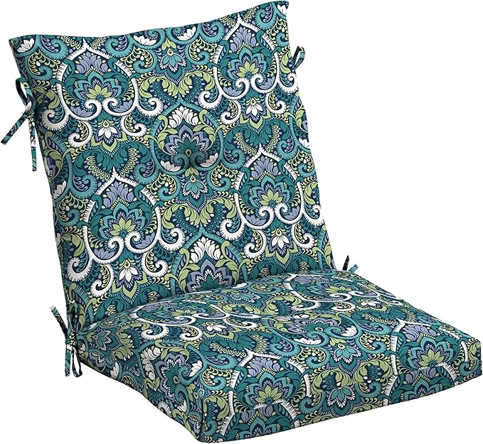 Arden Outdoor Plush Modern Tufted Blowfill Dining Chair Cushion, 21 x 40, Water Repellent, Fade Resistant, Tufted Cushion for Dining and Bistro Chairs, Sapphire Aurora Blue Damask