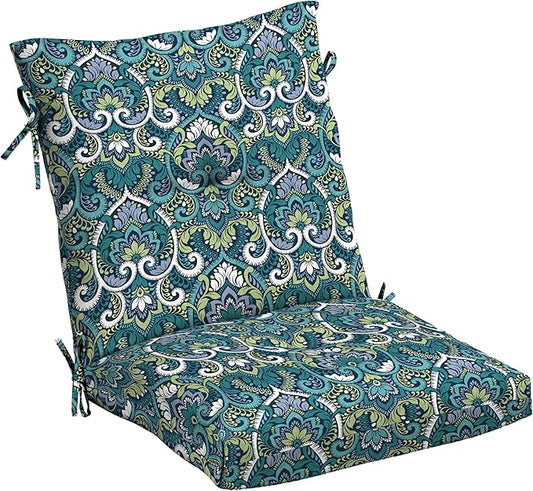 Arden Outdoor Plush Modern Tufted Blowfill Dining Chair Cushion, 21 x 40, Water Repellent, Fade Resistant, Tufted Cushion for Dining and Bistro Chairs, Sapphire Aurora Blue Damask
