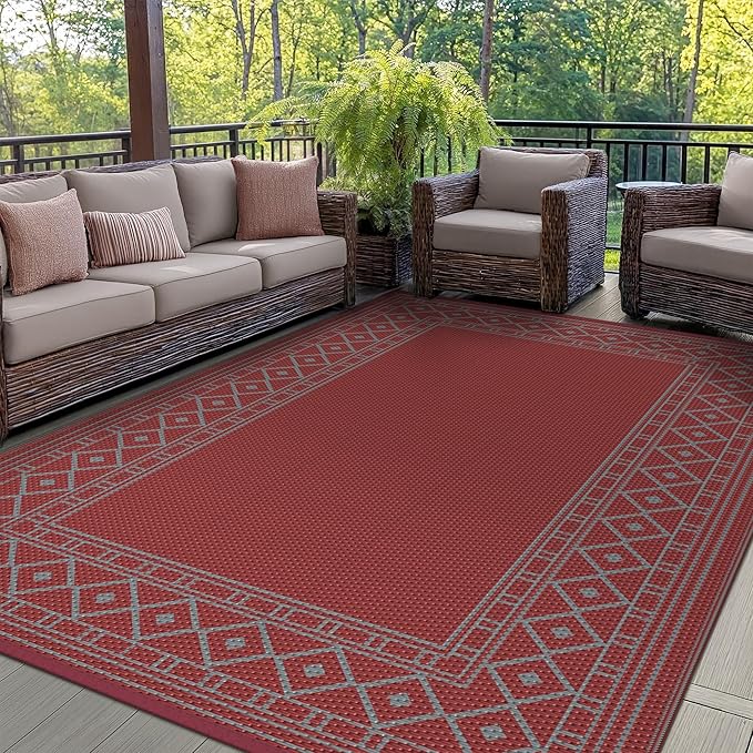 GENIMO Outdoor Rug Waterproof 6'x9' for Patio, Foldable Reversible Plastic Straw Carpet for Travel Trailers, Outside Area Mat for Rv, Deck, Picnic, Porch, Balcony, Beach, Red & Grey