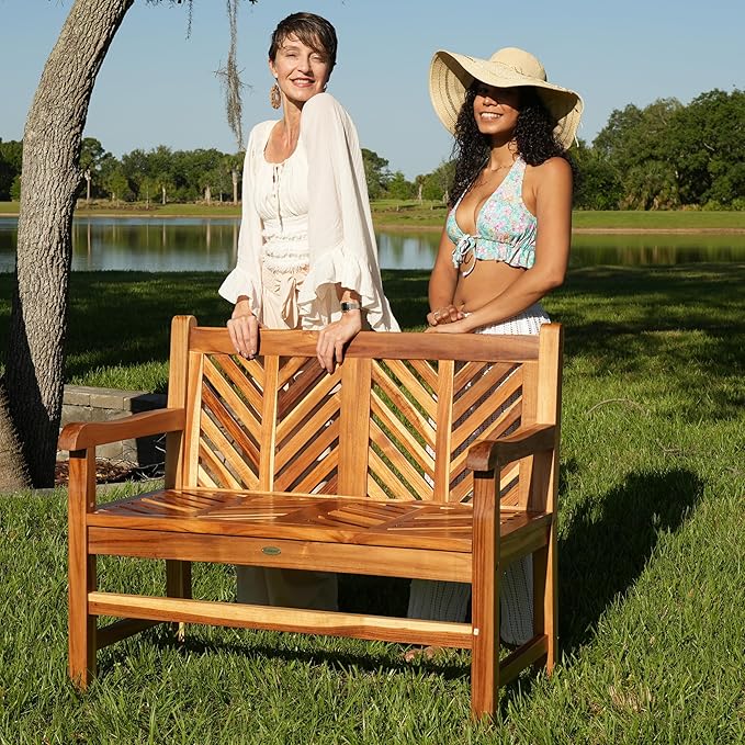 EcoDecors Eleganto 41 inch Outdoor Bench Teak Wood Garden Bench for Patio with Armrests and Backrest for Indoor Use and Outdoor, in Natural Color