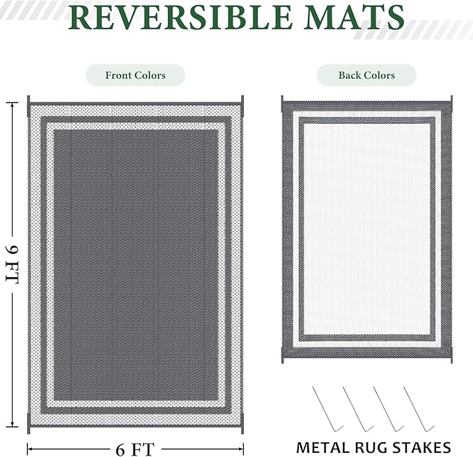 HappyTrends,Outdoor Rug,Patio Rug,Reversible Portable Plastic Straw Rug,Camping Rugs for Outside RV,Large Waterproof Area Rugs for Patio,Deck,Picnic,Porch,Balcony(6'x 9',White&Gray)