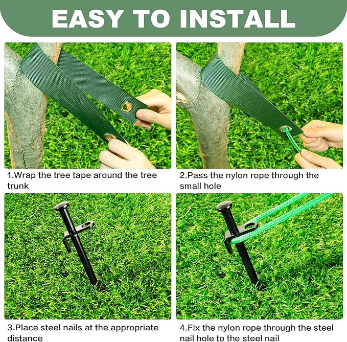 Heavy Duty Tree Stake Kit - Tree Stakes & Straps for Straightening Young Trees, Garden Tree Supports, 3pcs Metal Stakes, 3pcs Rope for Anchoring