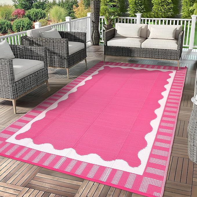9x12 Outdoor Rug Waterproof Foldable Plastic Straw Carpet for Patio Porch Scalloped Border Reversible Mat Lightweight Floor Mat for Picnic, Backyard, Rv, Beach, Camper, Balcony，Rose Pink
