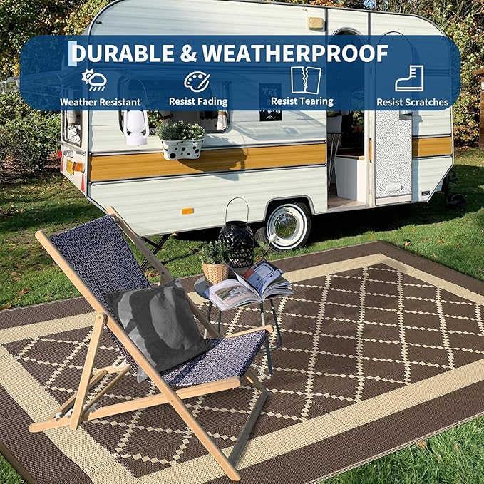 COZYLOOM Outdoor Plastic Straw Rug 8x10 Outdoor Rug Waterproof Reversible Large Modern Patio Rugs Portable Area Rug with Portable Bag & 4 Stakes for Deck, Balcony, Camping, Beach RV Porch, Picnic,