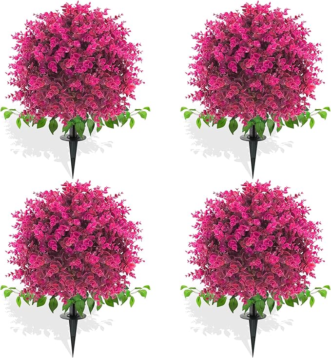 Artificial Topiary Tree with Eucalyptus, Set of 4 UV Resistant Fake Evergreen Shrubs with Ground Spike for Porch, Artificial Plants for Outdoor Indoor Garden Planters, Lifelike Decor