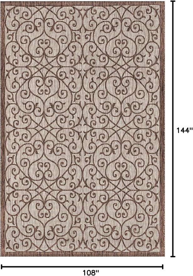 JONATHAN Y Vintage Filigree Indoor Outdoor Area Rug 9X12 Taupe/Espresso, Madrid Textured Weave for Backyard, Patio, Porch, Easy-Cleaning, High Traffic, Pet-Friendly, Non-Shedding (SMB107C-9)