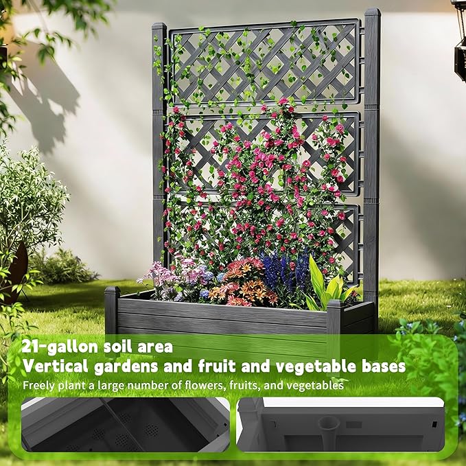 Elevated Raised Garden Bed with Trellis, 21 Gallon Self-Watering Outdoor Resin Planter Box with Lockable Wheels Drain Plug & Water Monitor for Plants Vegetables Flowers Fruits (Black)