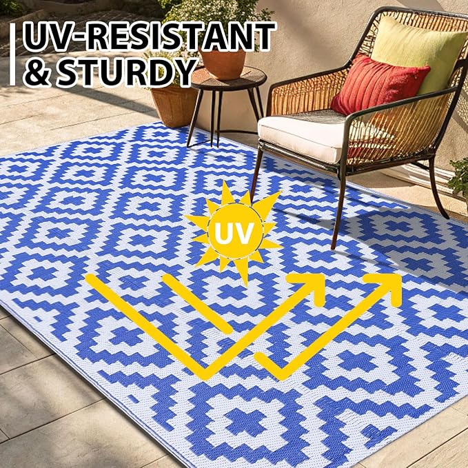 Smiry Waterproof Outdoor Rug 5x8 ft, Reversible Plastic Straw Patio Camping Rugs, Outdoor Indoor RV Mat Carpet for Patio, Outside Entry, Backyard, Deck, Bench, Picnic, Camper, White & Blue