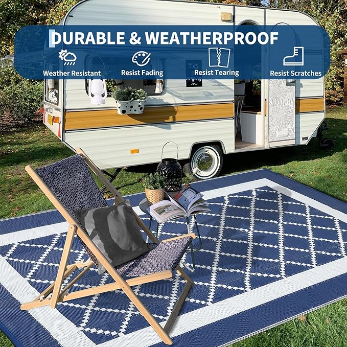 COZYLOOM Outdoor Patio Rug 8x10 Waterproof Reversible Plastic Straw Mat, Large Modern Boho Area Rug Indoor Outdoor Rugs for Deck, Balcony, Pool, Camping, Beach, Picnic, Porch, RV, Navy&White